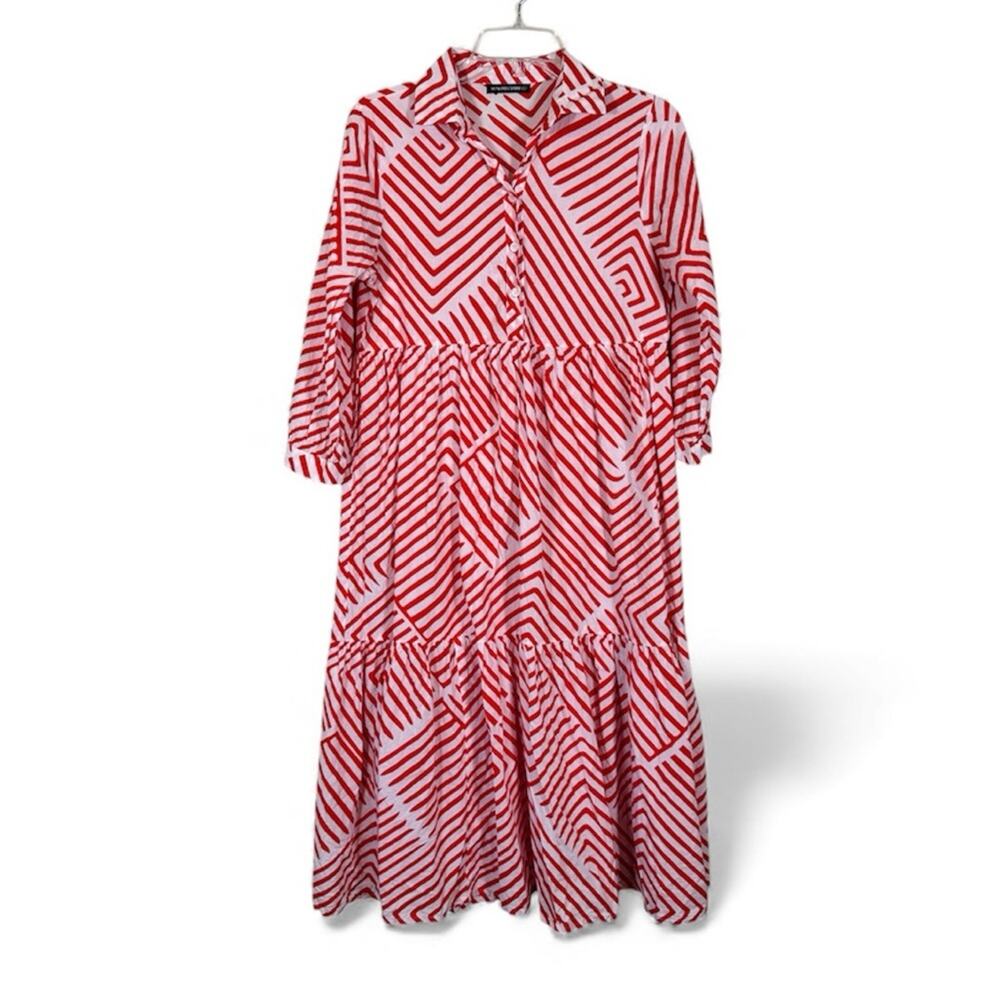 Monoprix Femme Red White Striped Tiered Midi Dress Womens S Prairie Boho Casual